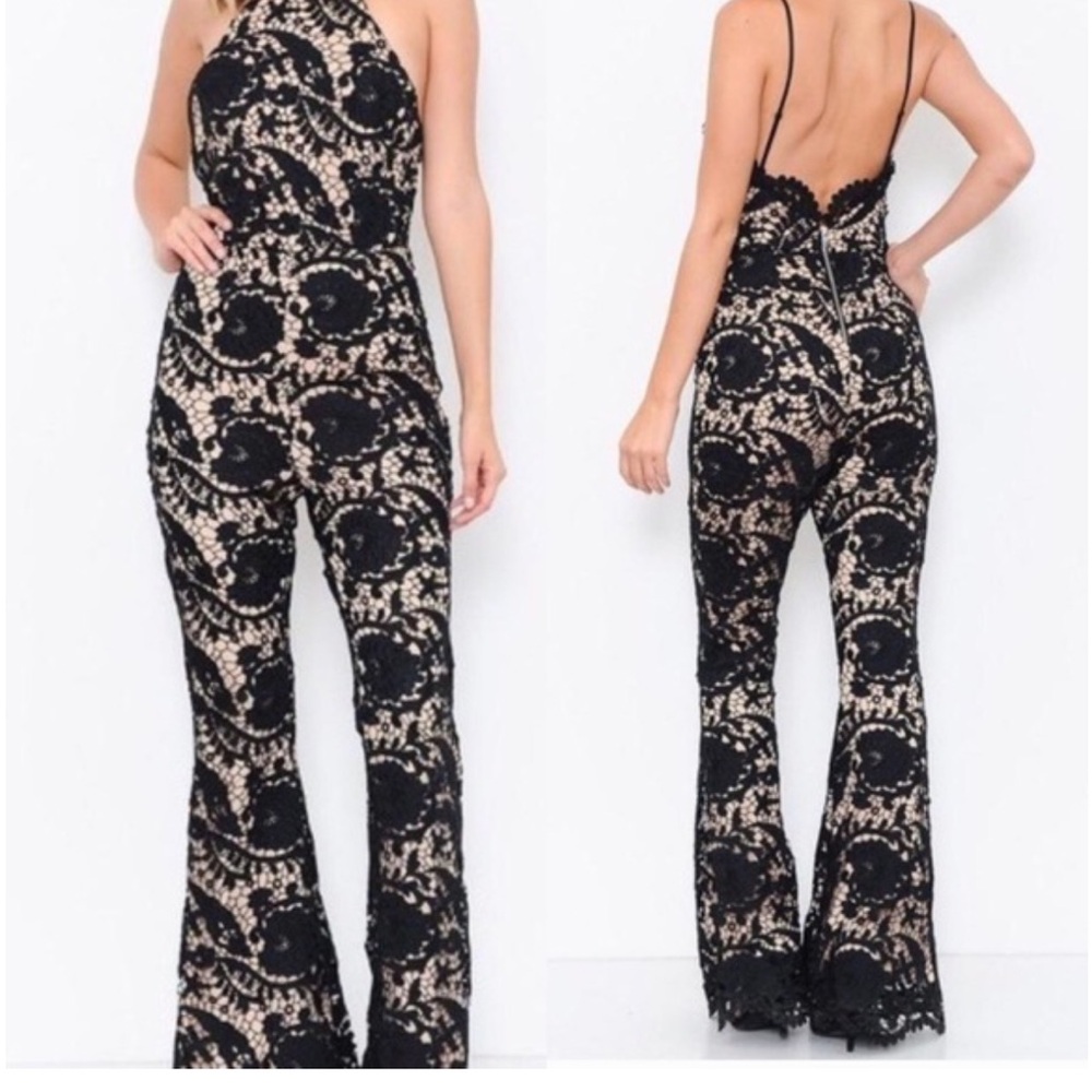 L'ATISTE Black and Cream Lace Jumpsuit
